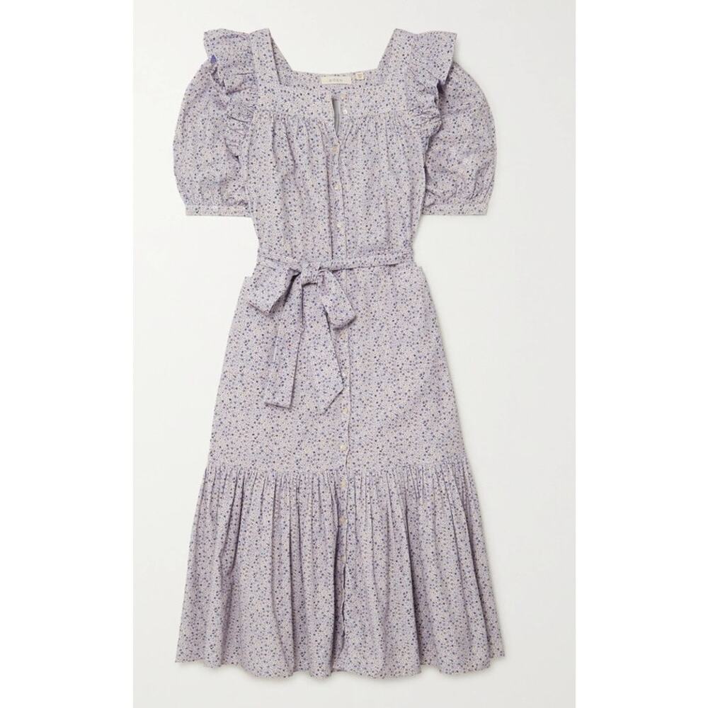 Dôen M Malta Corduroy blue floral puff sleeve button down midi dress